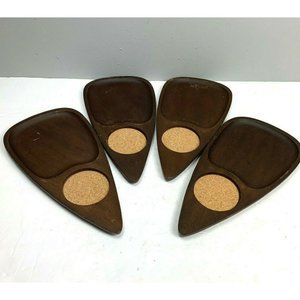 Vintage Serv Wood Snack Trays Portable Set of 4 Hand Carved Japan Party Buffet